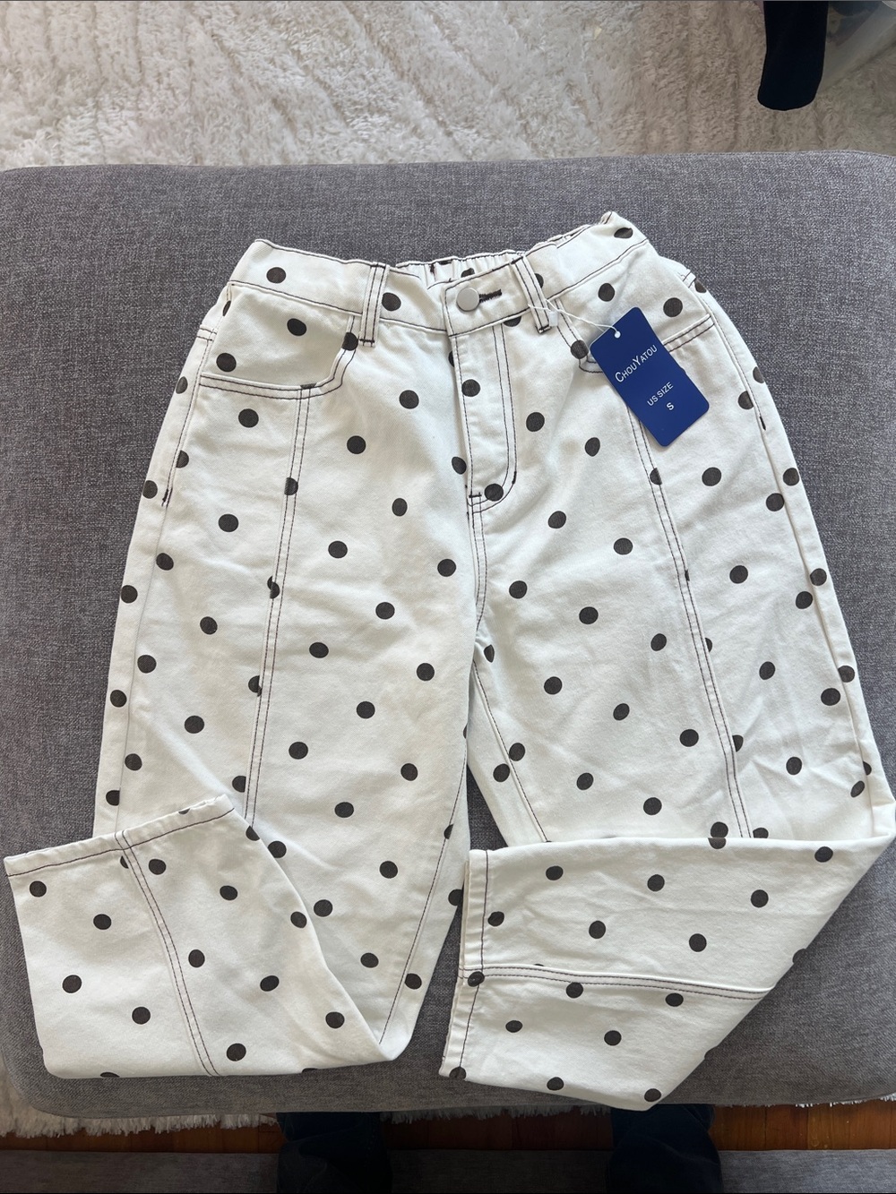 Cream Jeans with Black Polka Dots